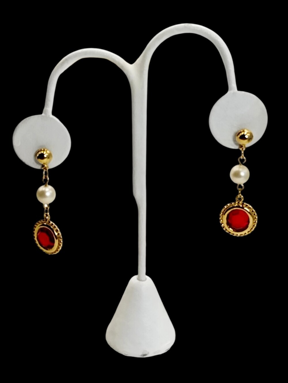 Red Crystal & Faux Pearl Gold Tone Dangle Earrings 1.6" NWOT
